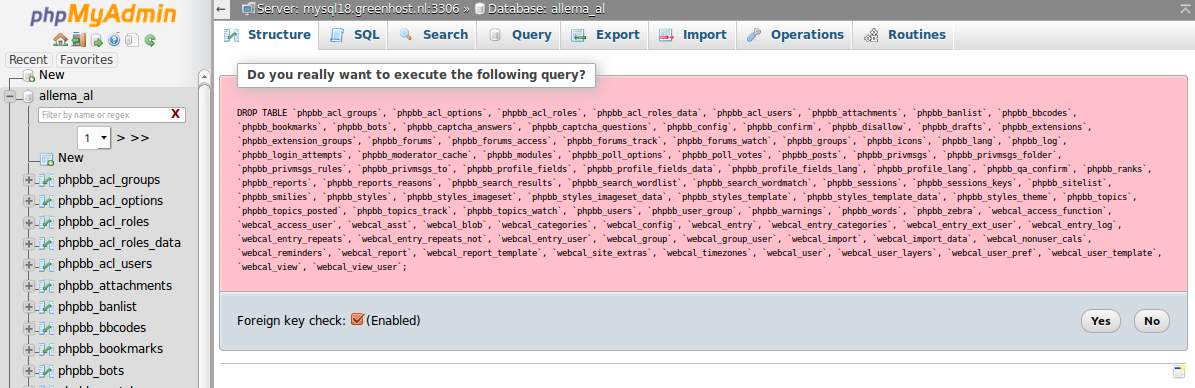 Confirm security question removing of all tables