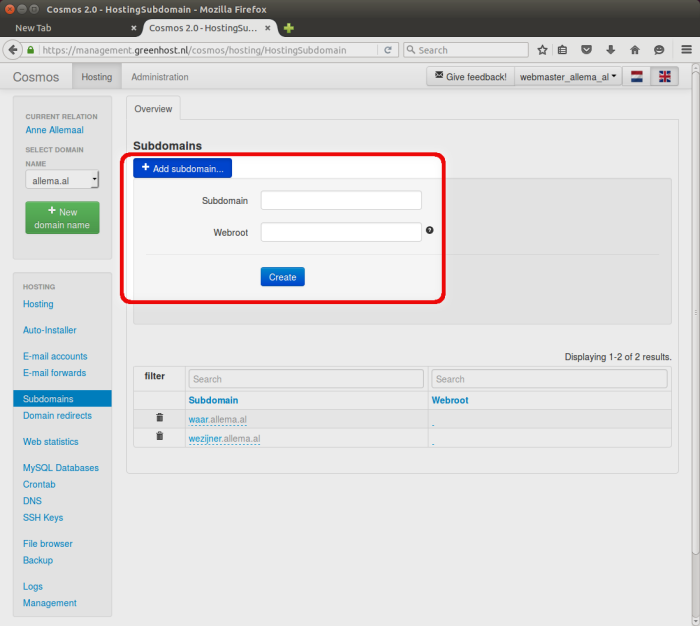 subdomains creating
